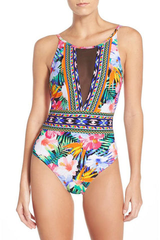 Iyasson Floral Printing Mesh Splicing One-piece Swimsuit