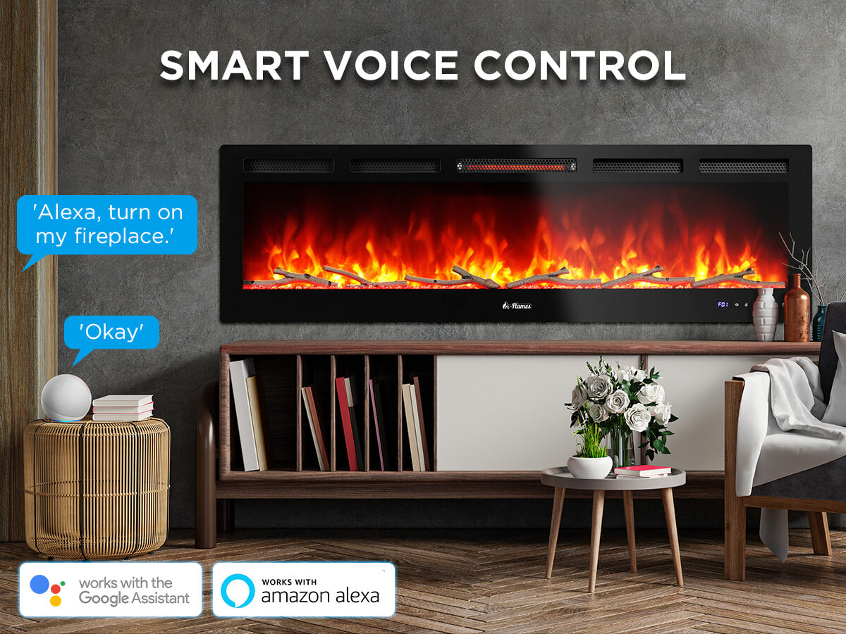 A modern electric fireplace with smart voice control, compatible with Alexa and Google Assistant.