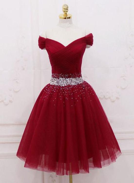 Dark Red Off Shoulder Knee Length Tulle Homecoming Dress, Wine Red Cute Party Dress