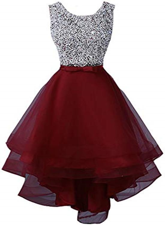 Beautiful Tulle Red Sequins High Low Party Dresses, High Low Homecoming Dresses