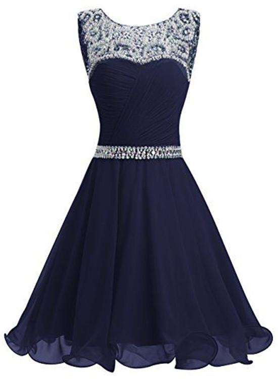 Beautiful Navy Blue Chiffon And Sequins Knee Length Formal Dress