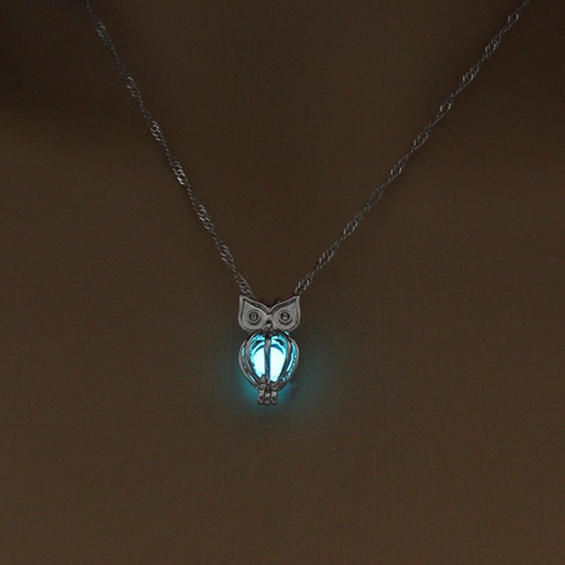 Owl Pendant Necklace Blue Glow in the Dark