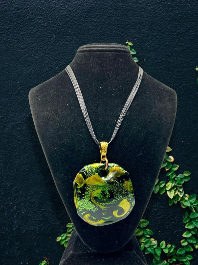 Green, Gold and Black Murano Glass Pendant Necklace on a Black Multi-Strand Cord