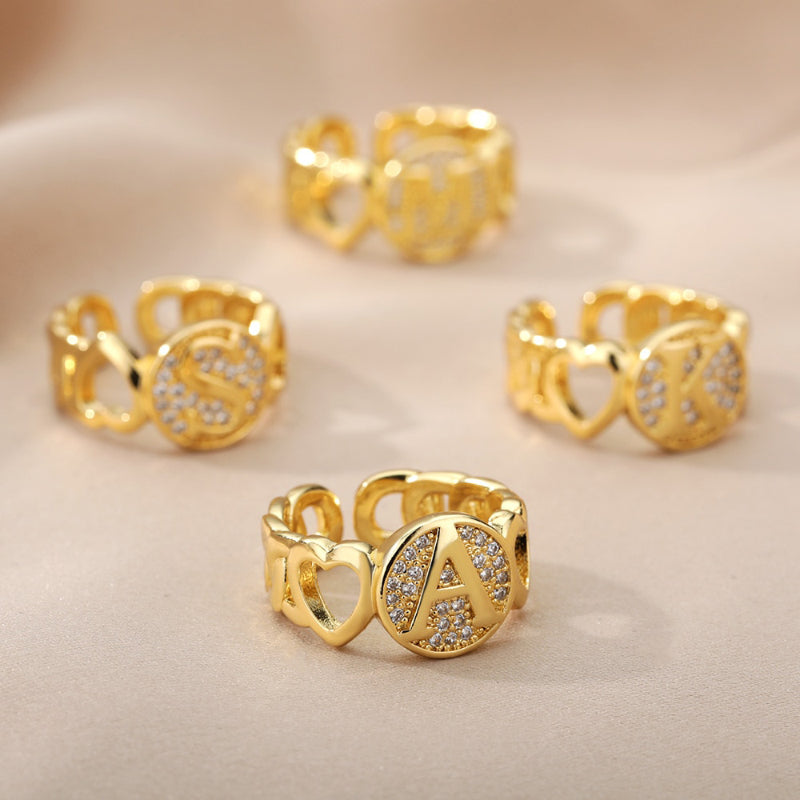 Fancy Personalized Name Initial Rhinestone Studded Open Rings