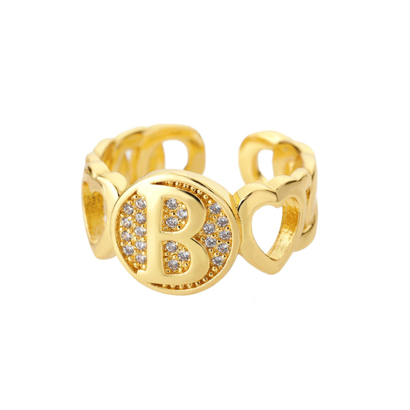 Fancy Personalized Name Initial Rhinestone Studded Open Rings