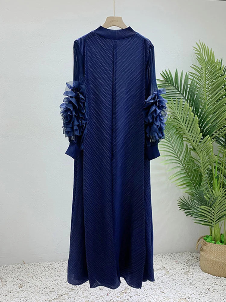 Maxi Pleated Dress Round Neck Spliced Full Sleeve Dresses For Women
