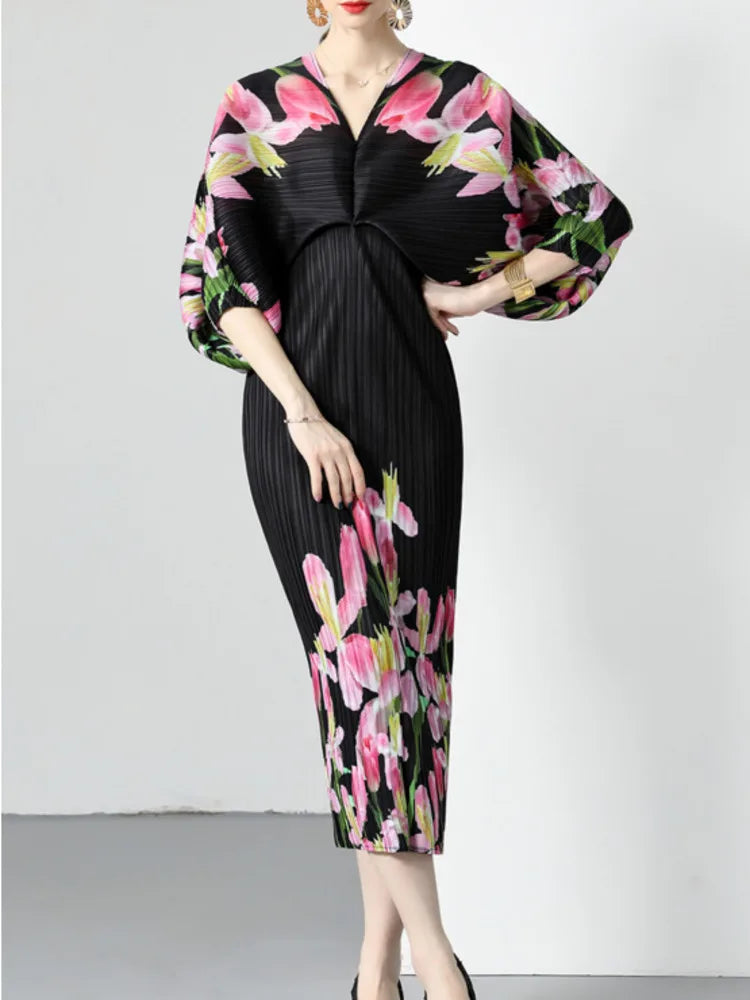 GVUW Pleated Dress For Women V-neck Print Flowers Batwing Sleeve Loose 2023 Summer Female Fashion Elegant New Clothing 17J1364