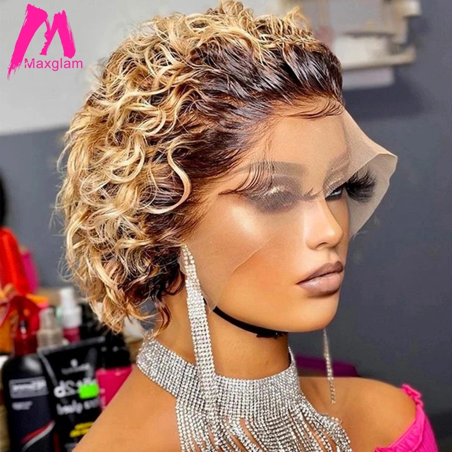 Pixie Cut Wig 99J Deep Wave Lace Wig Afro Curly Short Bob Human Hair