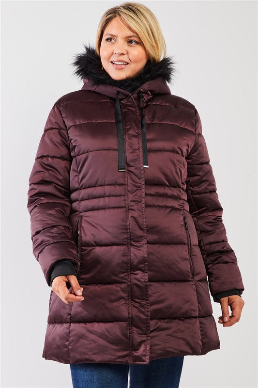 Glossy Long Fitted Vegan Fur Hood Puffer Jacket