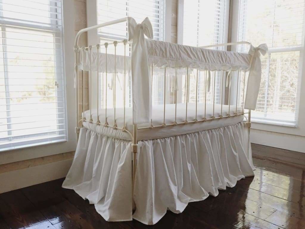 2 White Crib Rail Covers and Crib Skirt Set with Large Crib Bows
