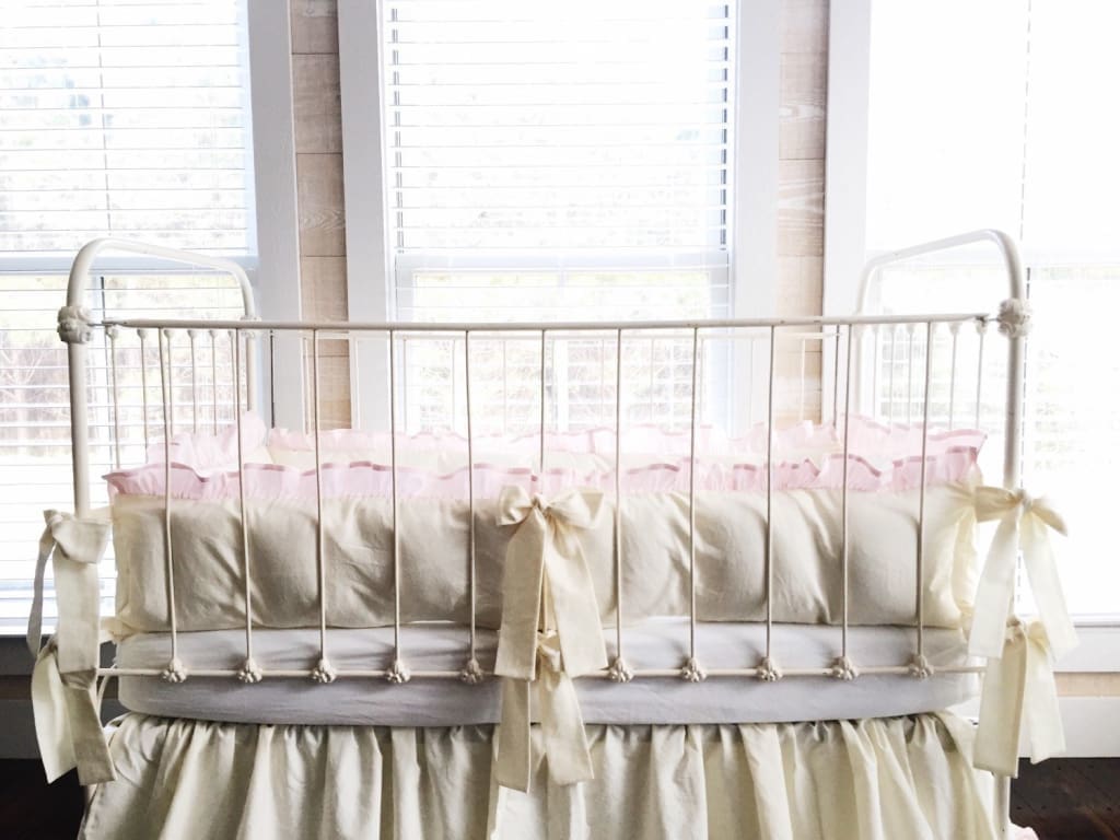 Ivory and Baby Pink Ruffled Crib Liners