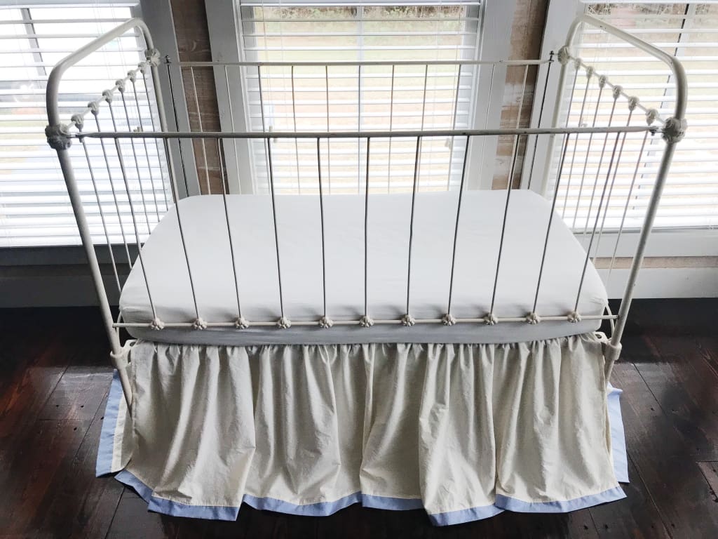 Ivory and Baby Blue Farmhouse Tailored Crib Skirt