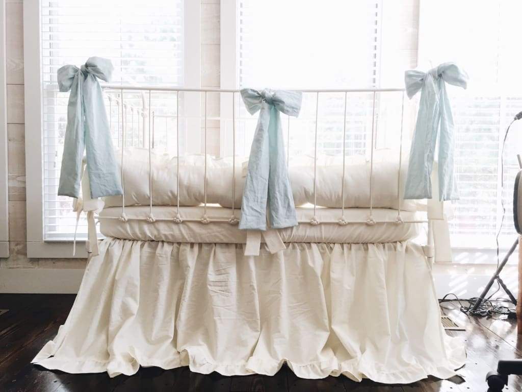 Ivory and Mist Ruffled Crib Bedding Set and Large Crib Bows