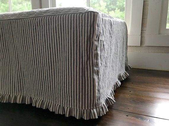 Navy Stripe Ticking Farmhouse Ruffled Ottoman Slipcover