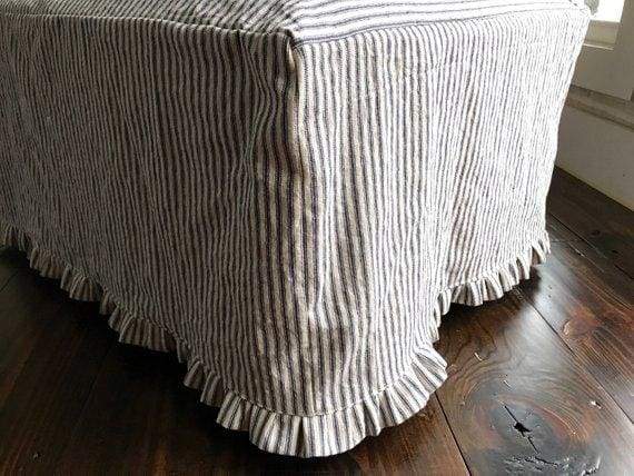 Navy Stripe Ticking Farmhouse Ruffled Ottoman Slipcover