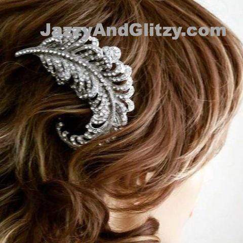 Bridal Hair Comb with Silver Rhinestone Feather