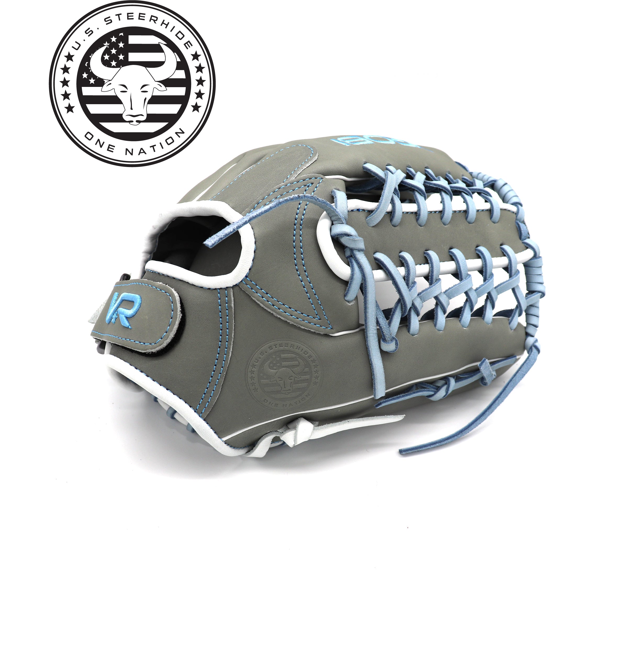 One Nation U.S. Steerhide RHT 12.75-Inch T Web Fielders Glove Steel/Columbia Blue/White