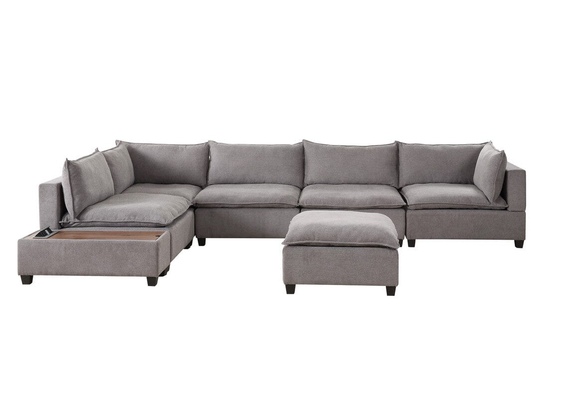 Madison Light Gray Fabric 7 Piece Modular Sectional Sofa with Ottoman and USB Storage Console Table