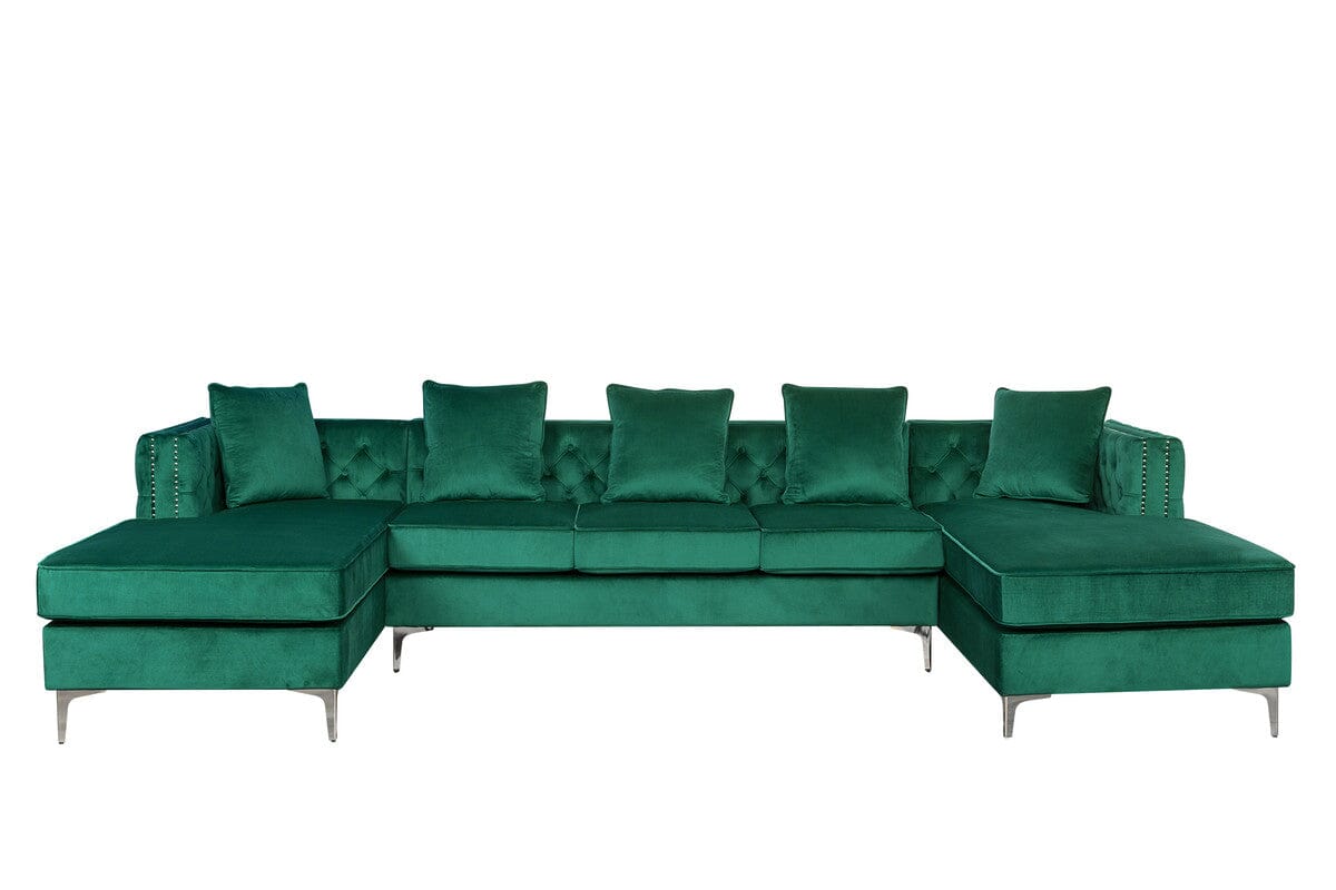 Ryan Green Velvet Double Chaise Sectional Sofa with Nail-Head Trim