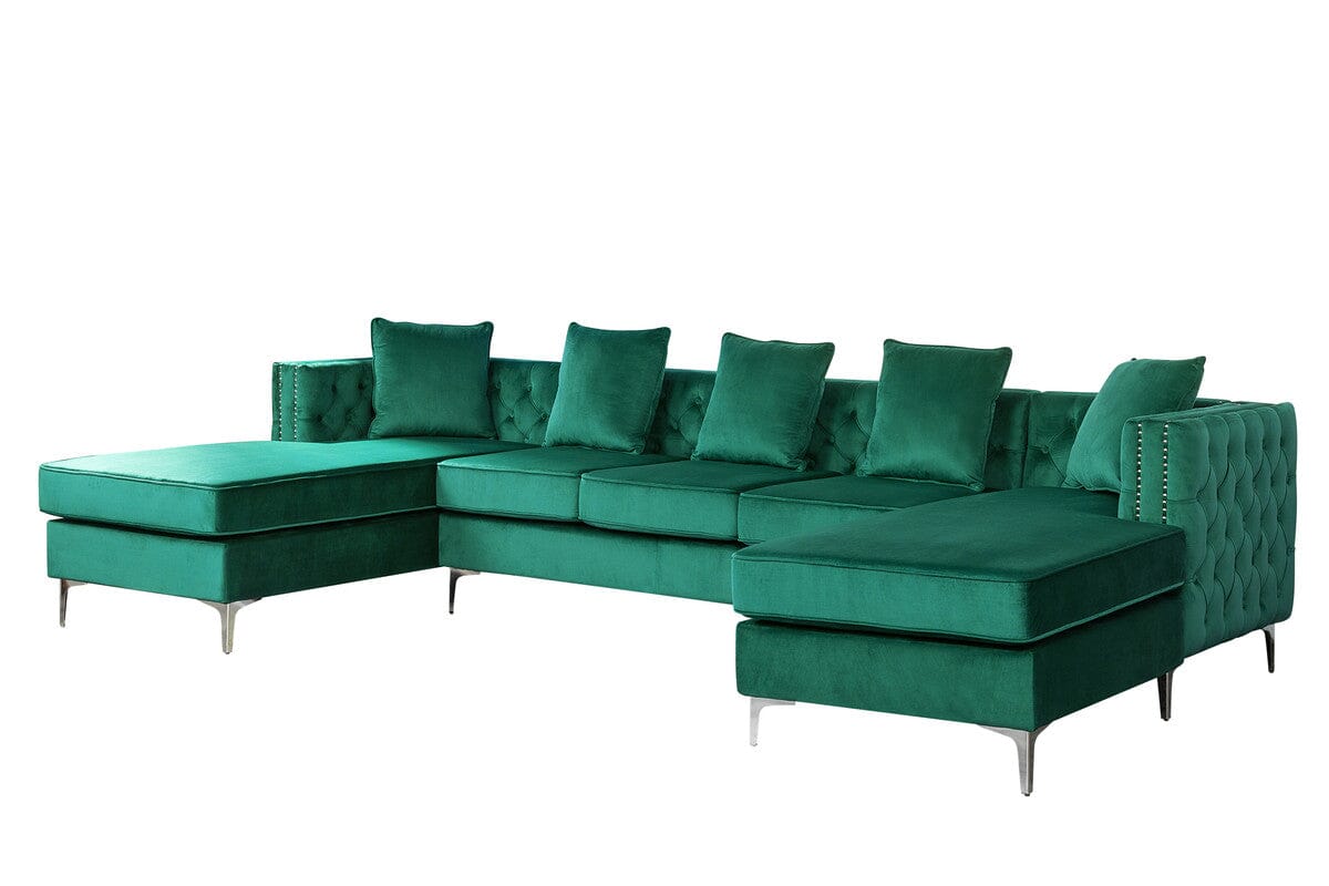 Ryan Green Velvet Double Chaise Sectional Sofa with Nail-Head Trim