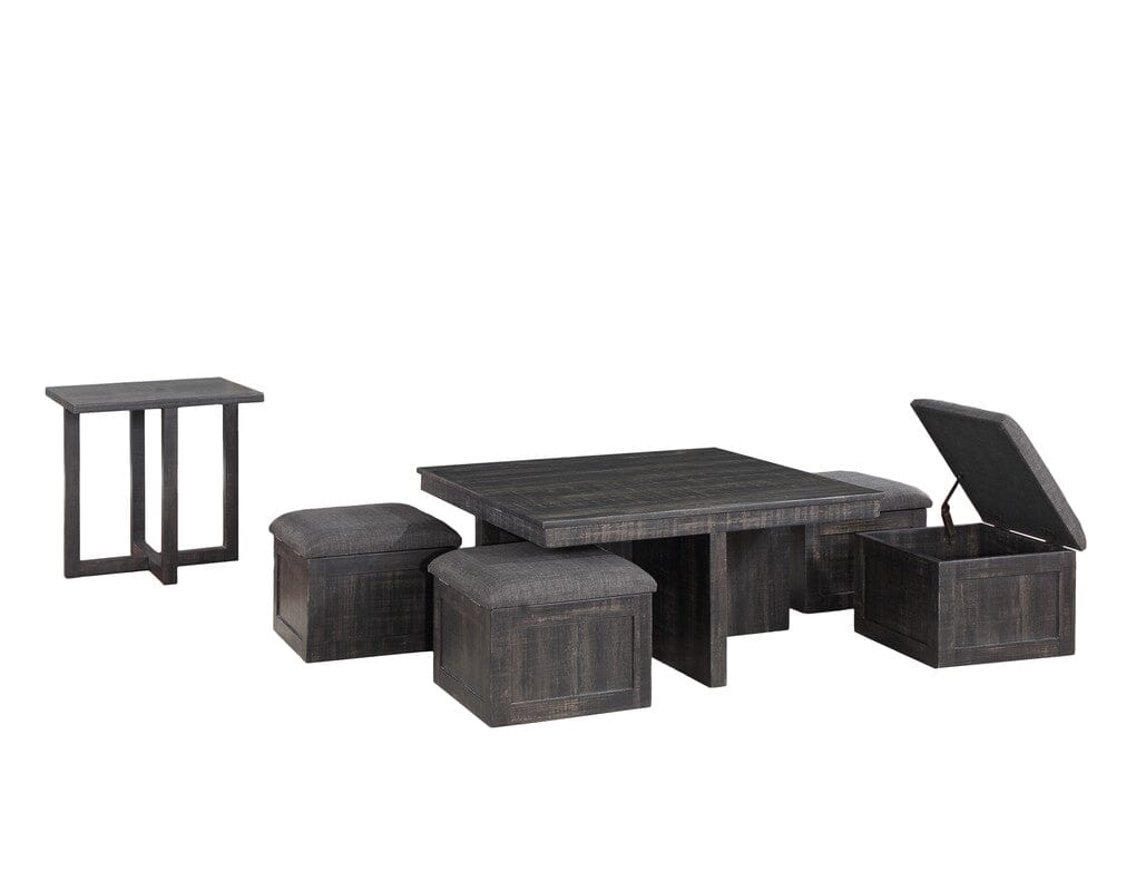 Moseberg Gray Oak Coffee Table with Storage Stools and End Table Set