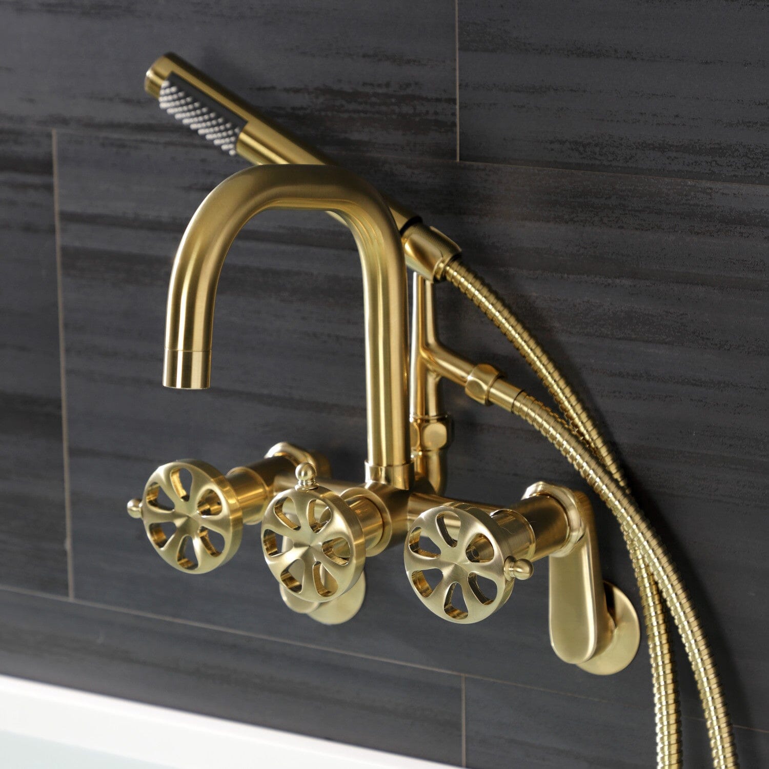 Belknap Three-Handle 2-Hole Wall Mount Clawfoot Tub Faucet with Hand Shower