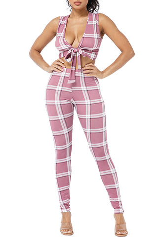 CHECK TIED SEXY BRA TOP & LEGGING SET-REG(D2036RSET) <Bundle>