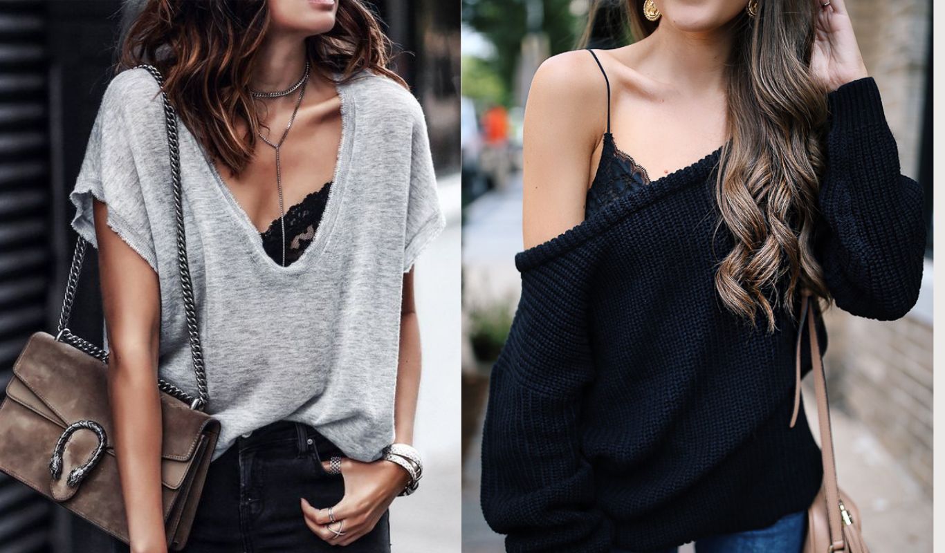 bralette with deep v top and knitted jumper