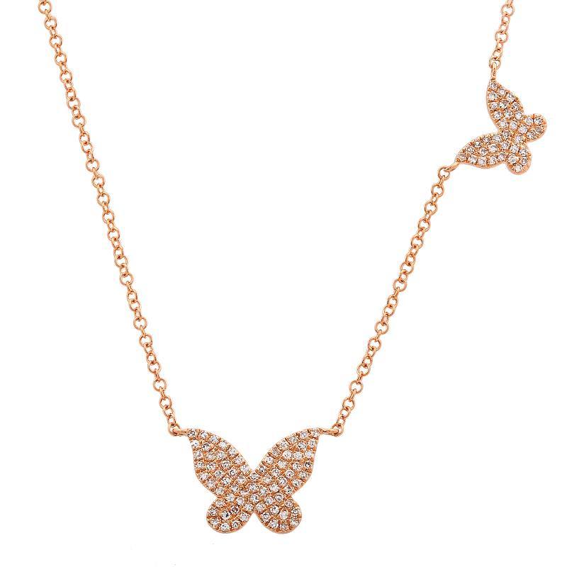 14K Gold Diamond Pave Papillon Butterflies Duo Necklace