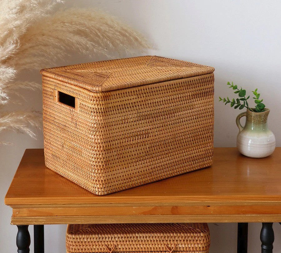 Kitchen Storage Baskets, Rectangular Storage Basket with Lid, Rattan Storage Baskets for Clothes, Storage Baskets for Living Room