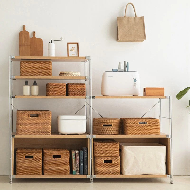 Wicker Rattan Storage Basket for Shelves, Storage Baskets for Bedroom, Rectangular Storage Basket with Lid, Pantry Storage Baskets