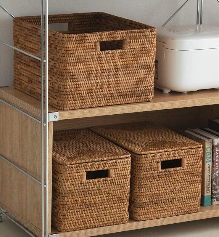 Rattan Storage Basket for Shelves, Rectangular Storage Basket with Lid, Extra Large Storage Baskets for Bedroom, Storage Baskets for Clothes