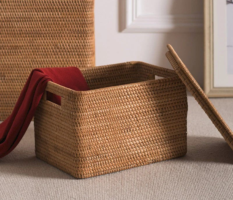 Laundry Storage Baskets for Bathroom, Rectangular Storage Baskets for Clothes, Wicker Storage Baskets for Shelves, Rattan Storage Baskets for Kitchen, Storage Basket with Lid