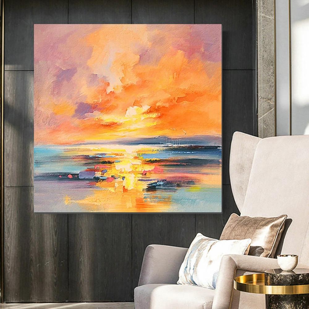 Abstract Landscape Painting, Sunrise Painting, Large Landscape Painting for Living Room, Hand Painted Art