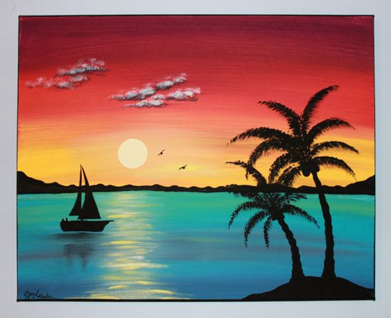 Easy Landscape Paintings Ideas for Beginners, Simple Canvas Paintings, Sunset Painting, Boat Painting, Easy Acrylic Painting Ideas for Beginners