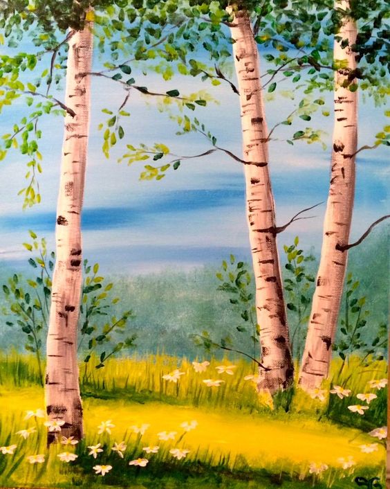 Easy Landscape Paintings Ideas for Beginners, Simple Canvas Paintings, Birch Tree Painting, Easy Acrylic Painting Ideas for Beginners