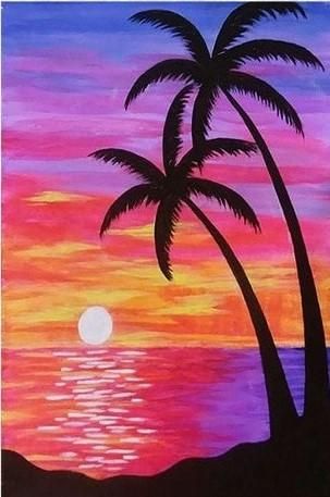 Easy Landscape Paintings Ideas for Beginners, Simple Canvas Paintings, Sunrise Palm Tree Painting, Easy Acrylic Painting Ideas for Beginners