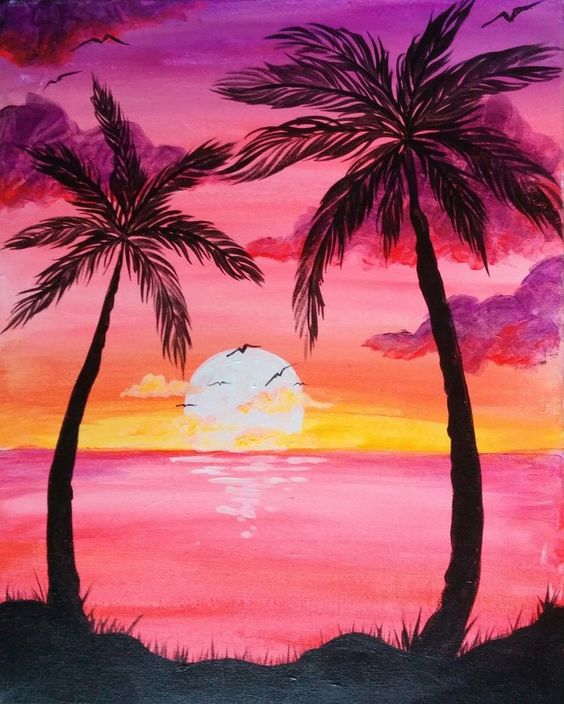Easy Landscape Paintings Ideas for Beginners, Simple Canvas Paintings, Sunset Palm Tree Paintings, Easy Acrylic Painting Ideas for Beginners
