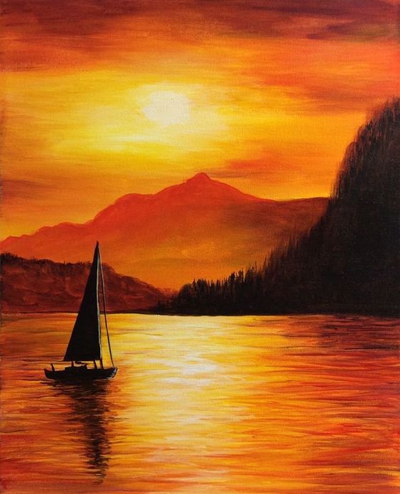 Easy Landscape Paintings Ideas for Beginners, Simple Canvas Paintings, Boat Paintings, Sunset Painting, Easy Acrylic Painting Ideas for Beginners