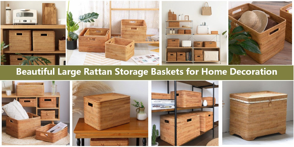 Extra Large Storage Baskets for Clothes, Rectangular Storage Baskets, Storage Basket with Lid, Storage Baskets for Kitchen, Rattan Storage Baskets for Bathroom, Wicker Storage Baskets for Bedroom