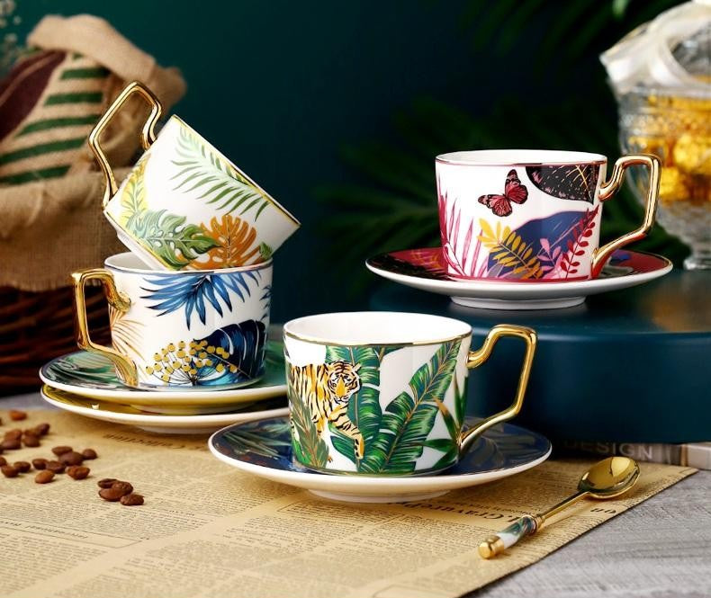 Jungle Animals Porcelain Coffee Cups, Coffee Cups with Gold Trim and Gift Box, Tea Cups and Saucers