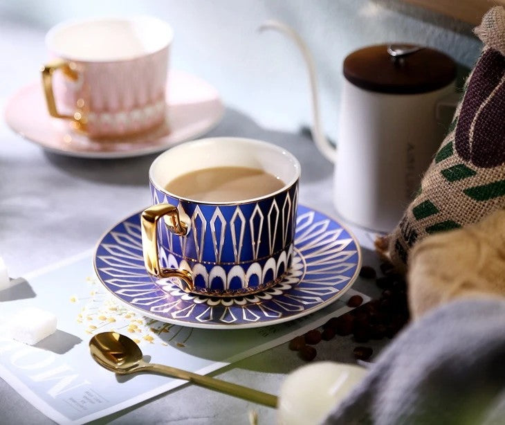 British Tea Cups, Coffee Cups with Gold Trim and Gift Box, Elegant Porcelain Coffee Cups, Tea Cups and Saucers