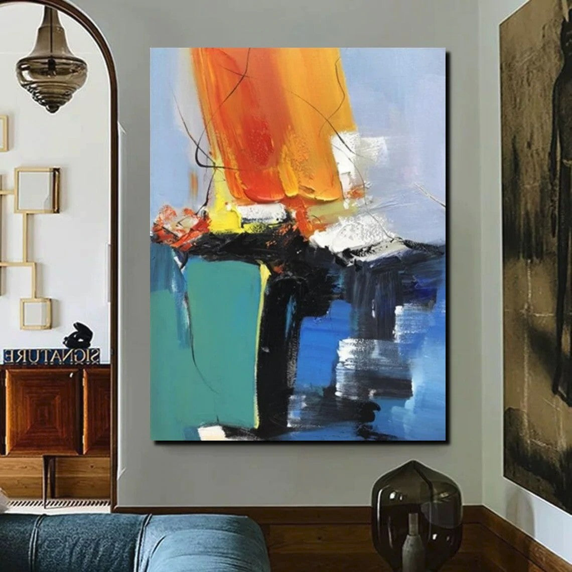 Acrylic Paintings on Canvas, Large Paintings Behind Sofa, Abstract Painting for Living Room, Blue Modern Paintings, Palette Knife Paintings