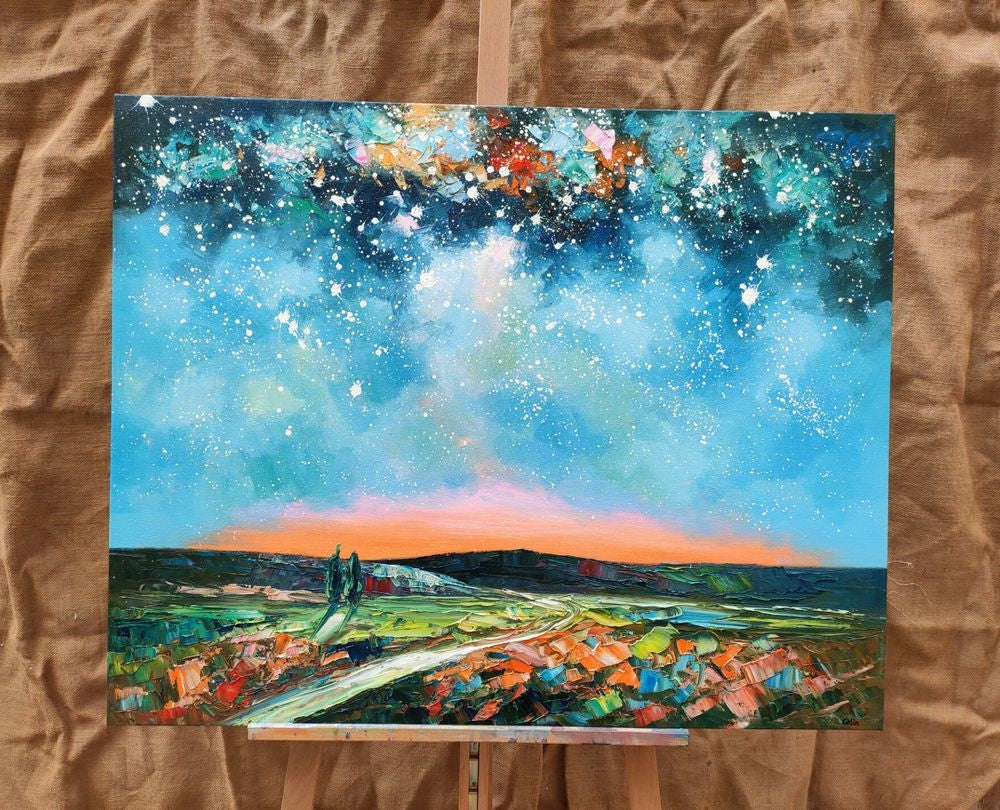 Landscape Painting on Canvas, Starry Night Sky Painting, Original Landscape Painting, Custom Canvas Painting for Dining Room