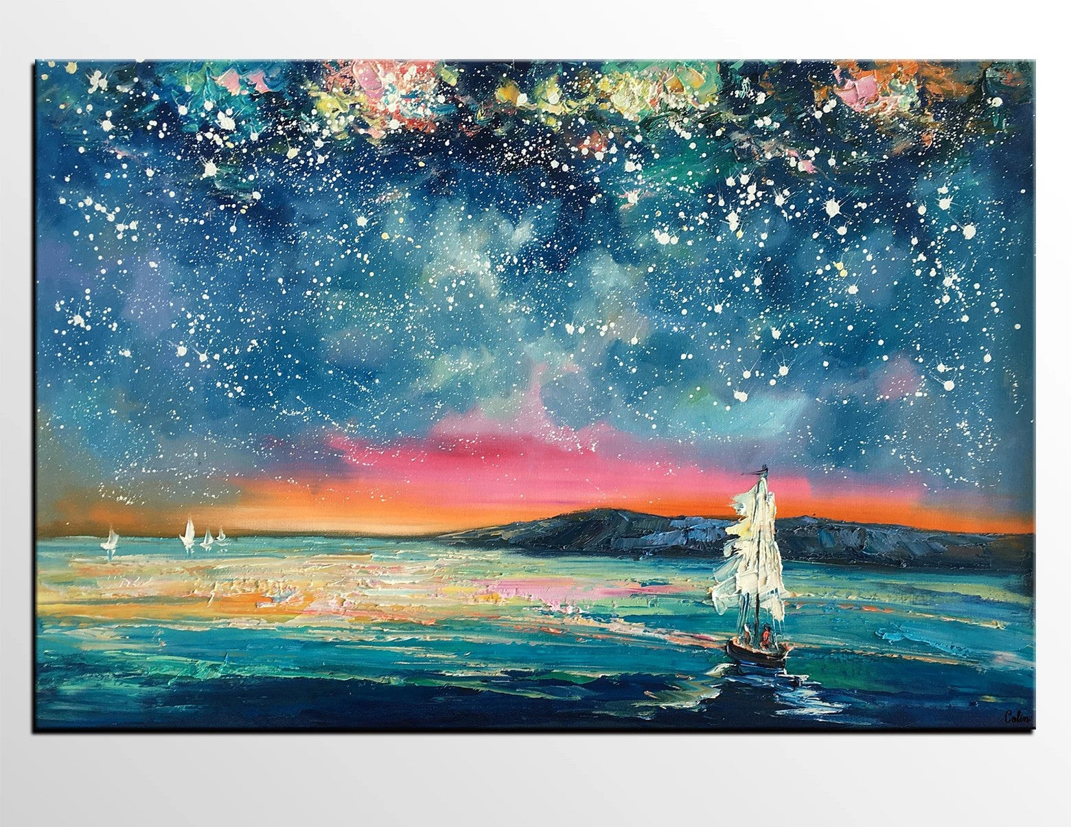Landscape Oil Paintings, Sail Boat under Starry Night Sky Painting, Landscape Canvas Paintings, Custom Landscape Wall Art Paintings for Living Room