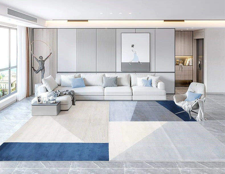 Modern Rugs in Dining Room, Large Contemporary Carpet for Study Room,Large Modern Area Rugs in Living Room, Blue Geometric Modern Rugs