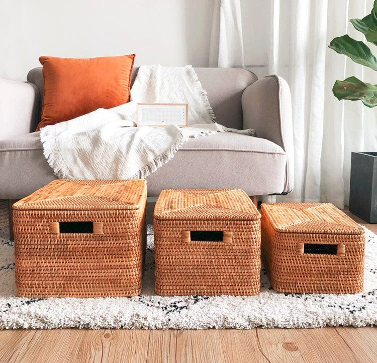 Rectangular Storage Basket with Lid, Woven Rattan Storage Basket for Shelves, Storage Baskets for Bedroom, Pantry Storage Baskets