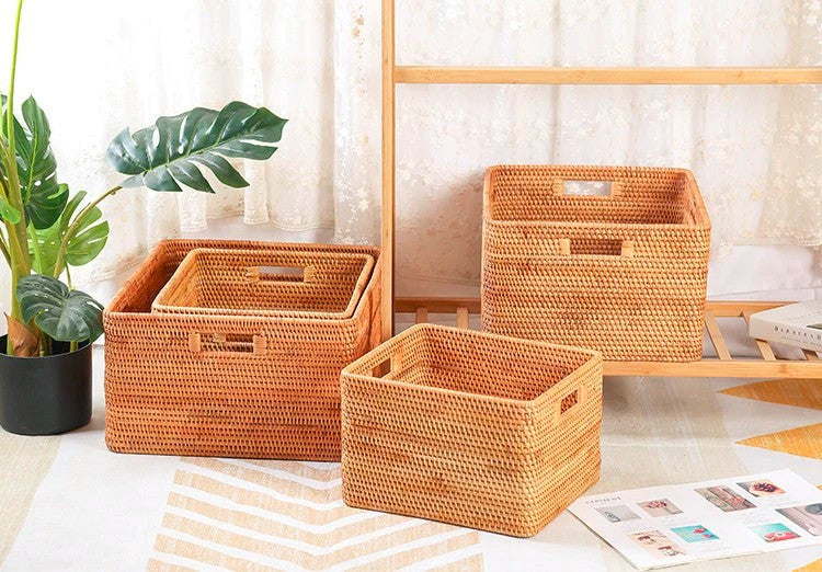 Woven Rattan Storage Baskets for Kitchen, Rectangular Storage Basket, Wicker Storage Basket for Clothes, Storage Baskets for Bathroom, Kitchen Storage Basket