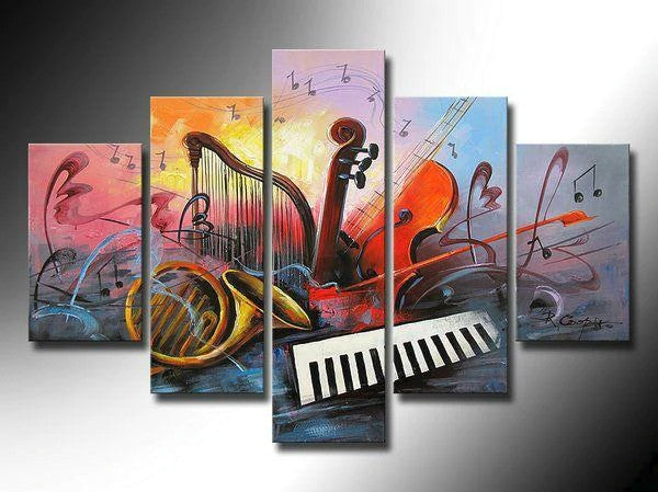 Abstract Acrylic Painting, Violin, Saxophone, Harp, 5 Piece Abstract Wall Art Painting, Modern Paintings for Living Room, Buy Paintings Online