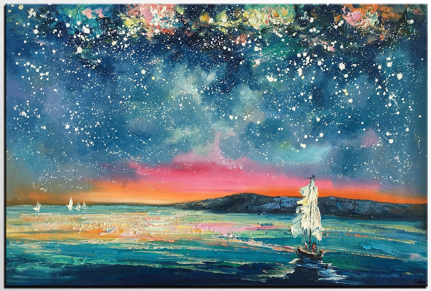 Landscape Oil Paintings, Sail Boat under Starry Night Sky Painting, Landscape Canvas Paintings, Custom Landscape Wall Art Paintings for Living Room